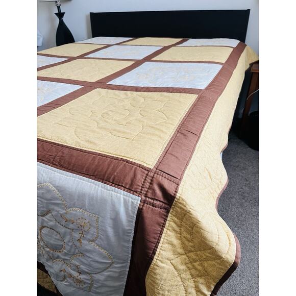 Vintage Hand made Quilt Cross Stitch Coverlet Floral Brown Yellow Moroccan Orang - Picture 6 of 16